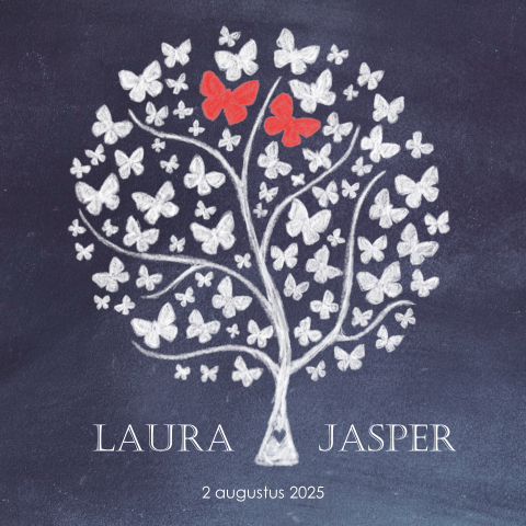 Krijtbord trouwkaart met boom en vlinders
