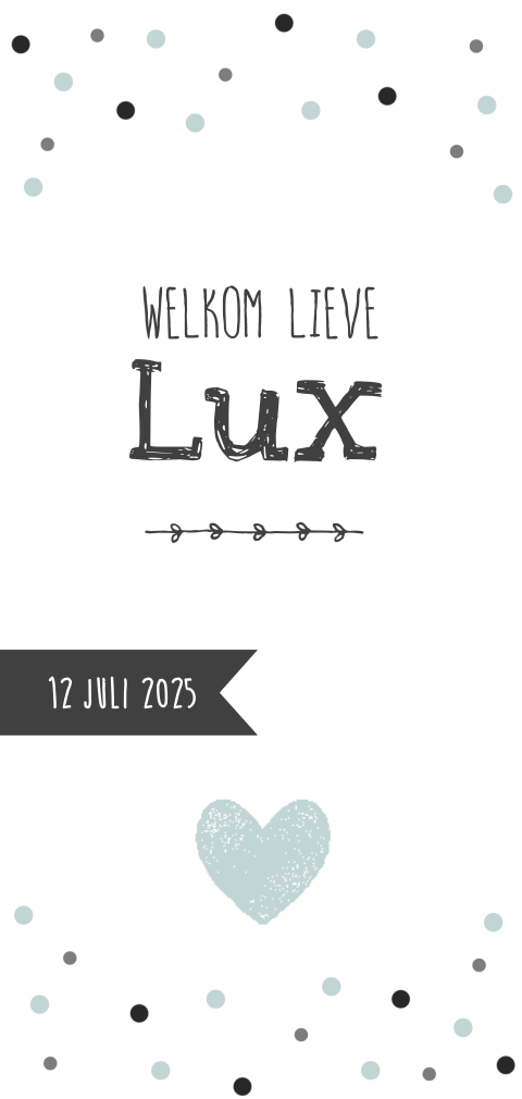 Vrolijk geboortekaartje met blauw hartje voor jongen