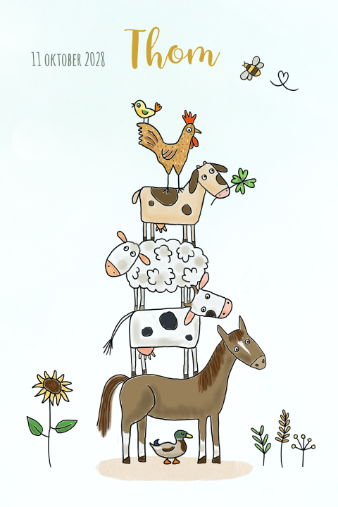 Geboortekaartje met stapel boerderijdieren voor een jongen
