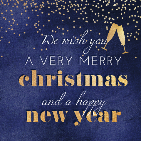 Zakelijke kerstkaart met champagne glazen op donkerblauw