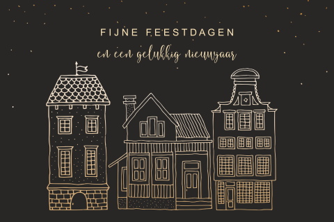 Liggende kerstkaart silhouetjes huizen op zwarte achtergrond