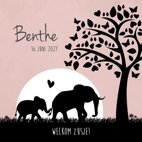Hip geboortekaartje voor zusje met silhouet van olifantjes