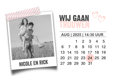 Hippe trouwkaart met kalender en foto