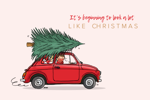 Liggende corona kerstkaart met kerstboom op fiat