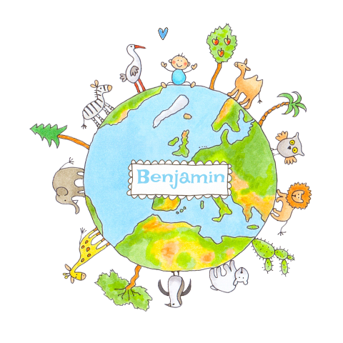 Geboortekaartje jongen - Getekende wereldbol en dieren