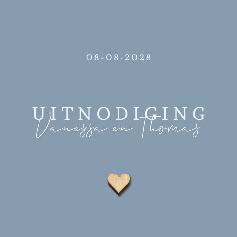 Trouwkaart in blauw met leuke lettertypes I Houten hart optioneel