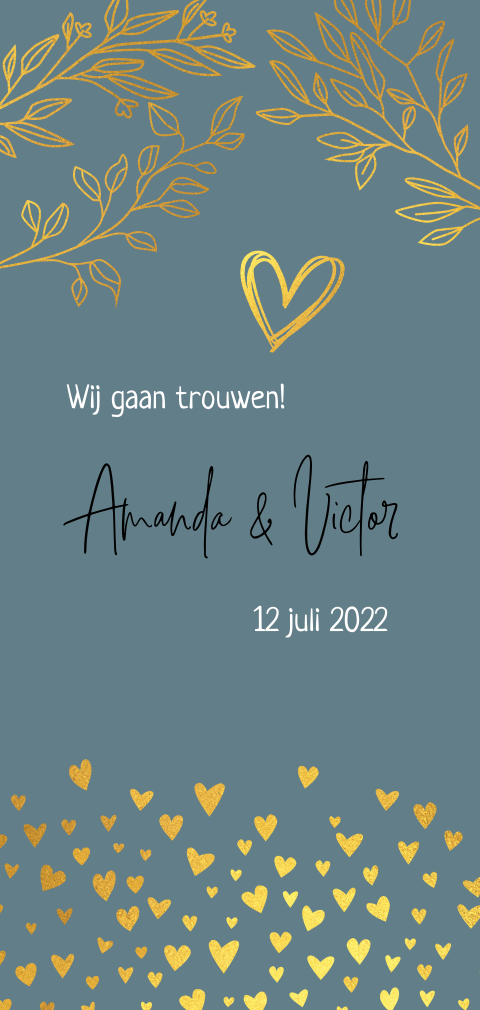 Stijlvolle trouwkaart met goudkleurige takjes en hartjes