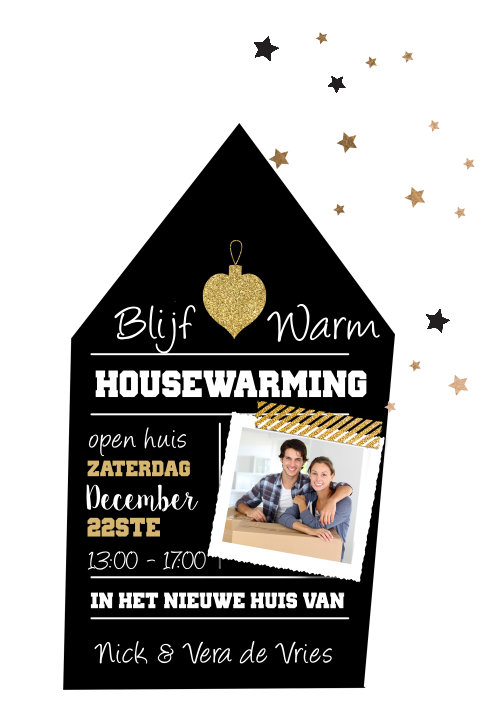 Verhuiskaart/housewarming met krijtbord huis, foto en sterren