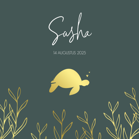 Goudfolie geboortekaart met schildpad en takjes