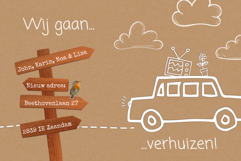 Stoere verhuiskaart met wegaanwijzer en kraftpapier