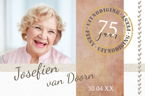 Uitnodiging voor 75ste verjaardag met foto en stempels