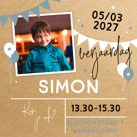 Stoere uitnodiging met ballonnen en slingers op kraft