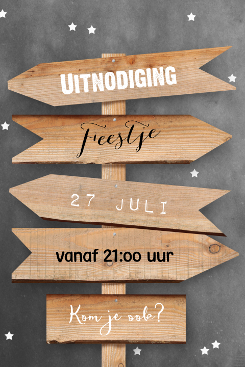 Uitnodigingskaart voor een feest met houten wegwijzer