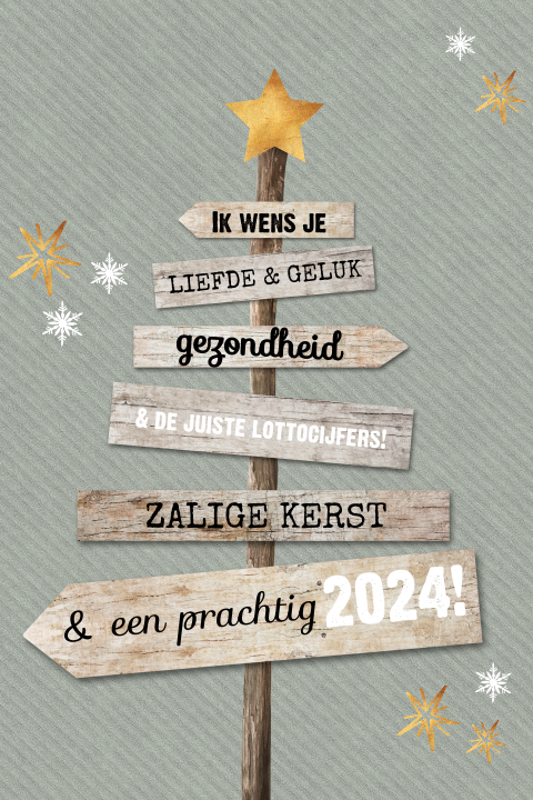Leuke kerstkaart met wensen op houten paal en sterren