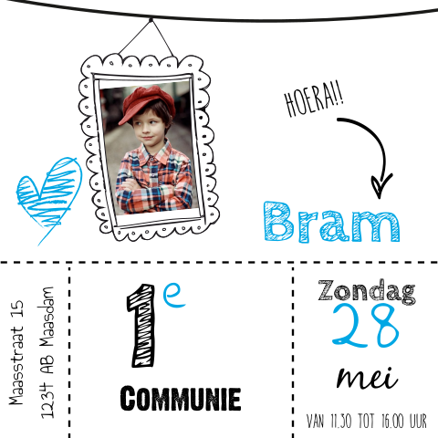 Communiekaart voor een jongen met foto in een mooi lijstje