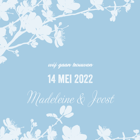 Romantisch, blauwe trouwkaart met bloesem