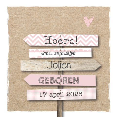 Hip geboortekaartje met wegwijzer voor meisje