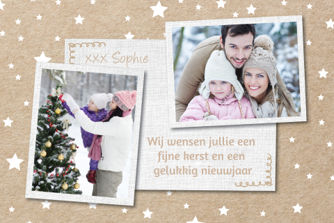 Stoere kerstkaart met foto's op kraftlook achtergrond