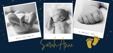 Originele geboortekaart meisje met polaroid fotokaders