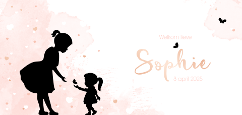 Schattig geboortekaartje met silhouet van zusjes en roségoudfolie hartjes