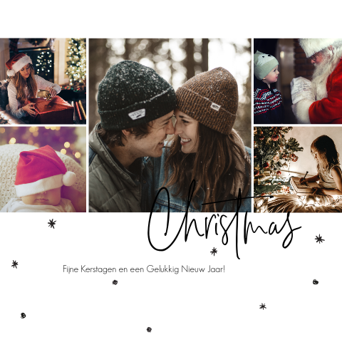 Feestelijke kerstkaart met foto's en sneeuwvlokjes