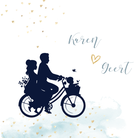 Originele trouwkaart met silhouet van bruidspaar met kind op fiets