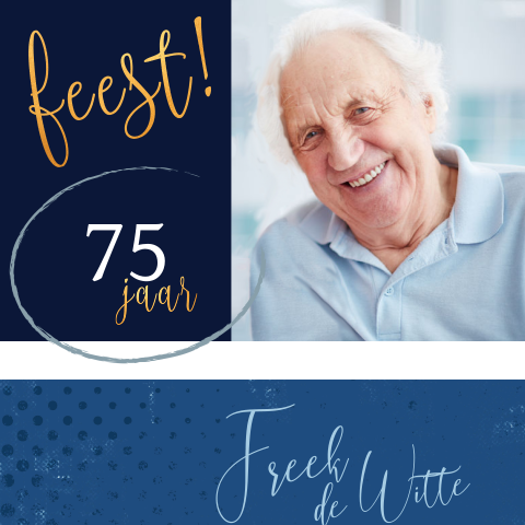 Uitnodiging voor een 75ste verjaardag met foto en goudlook elementen