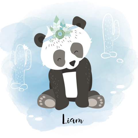 Schattig geboortekaartje met pandabeer en cactussen
