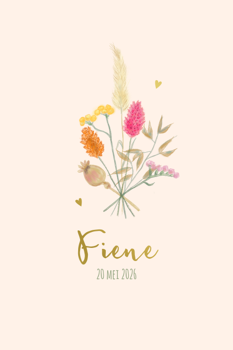 Goudfolie geboortekaartje met droogbloemen en hartjes