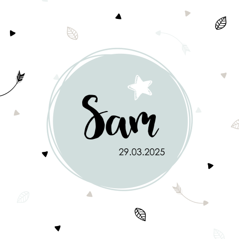 Vrolijk geboortekaartje met blaadjes, driehoekjes en pijltjes