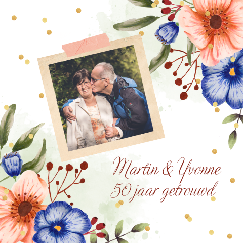 Uitnodiging huwelijksjubileum met bloemen, foto en confetti