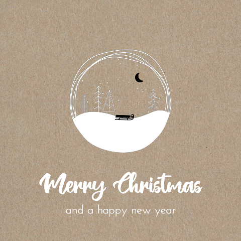 Originele kraft kerstkaart met illustratie van slee en bomen