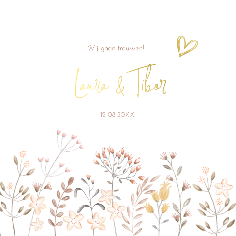 Botanische trouwkaart met waterverf bloemen en namen in goudfolie