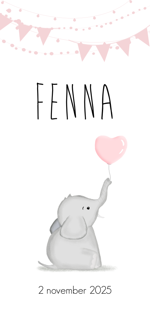 Lief geboortekaartje met een olifant en roze slingers