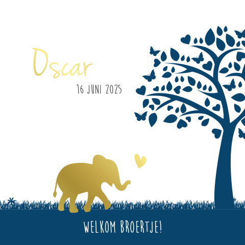 Goudfolie olifant op je geboortekaartje voor een jongen