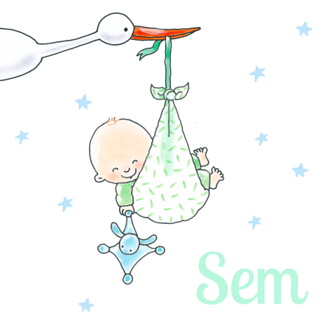 Geboortekaartje met getekende ooievaar van Pauline Oud