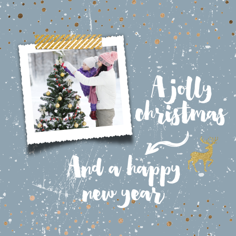 Hippe kerstkaart met foto, rendier en gouden confetti