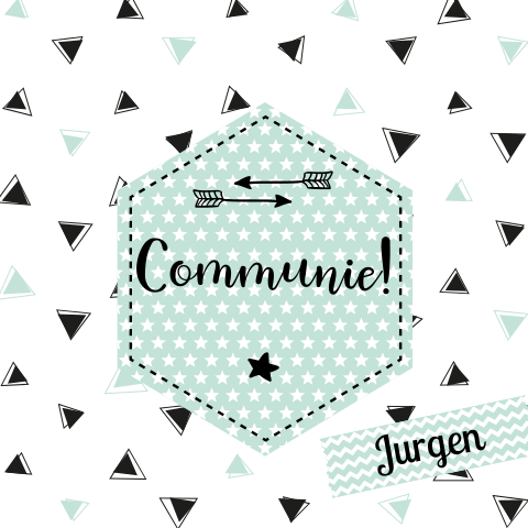 Hippe communiekaart met driehoekjes, sterretjes en pijltjes