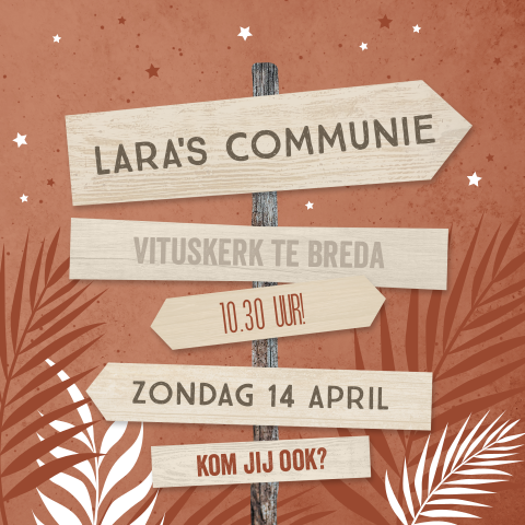 Hippe communiekaart met takjes en strandpaal op trendy kleur
