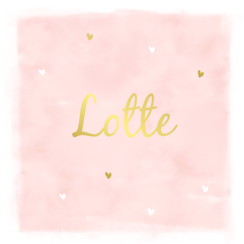 Lief goudfolie geboortekaartje met hartjes op roze