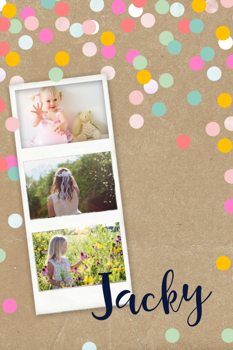 Kleurrijke communiekaart met foto's en confetti op kraft