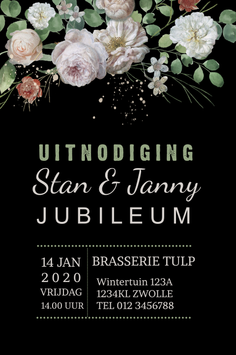 Chique jubileumkaart met pioenrozen en blaadjes