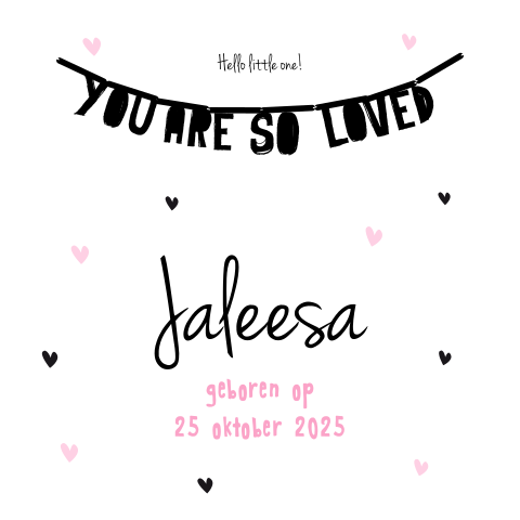 Stoere letterbanner met roze hartjes op geboortekaartje