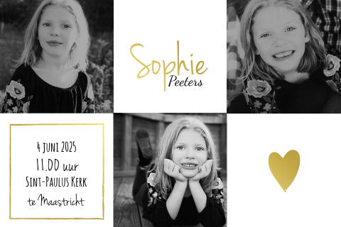 Goudfolie communiekaart met vierkante foto's en hartje