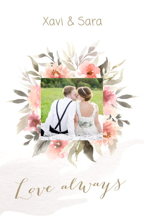 Romantische trouwkaart met bloemen en foto