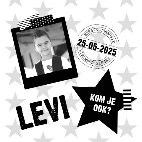 Zwart-wit communiekaartje met sterren en foto