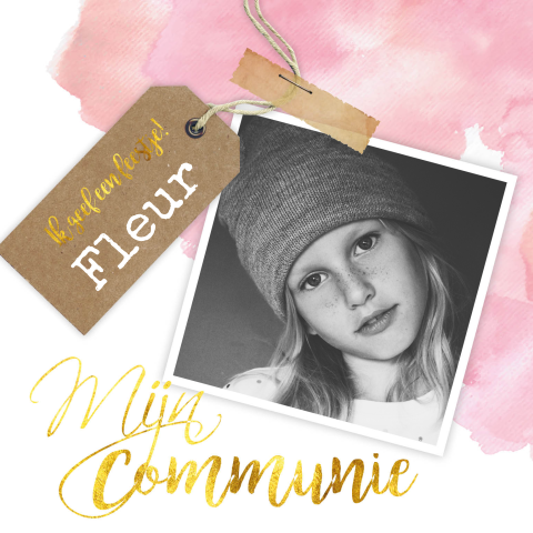 Communiekaartje met watercolour achtergrond en foto