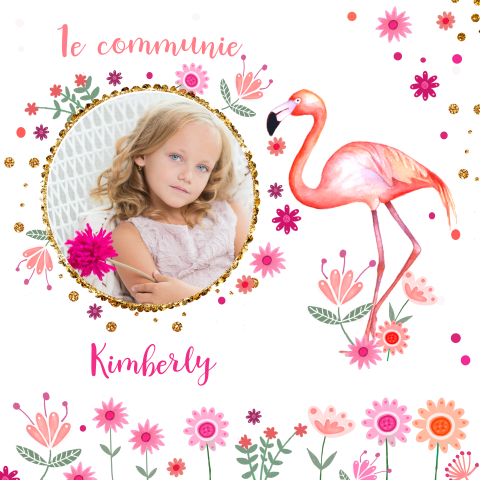 Communiekaart met flamingo, bloemen en foto