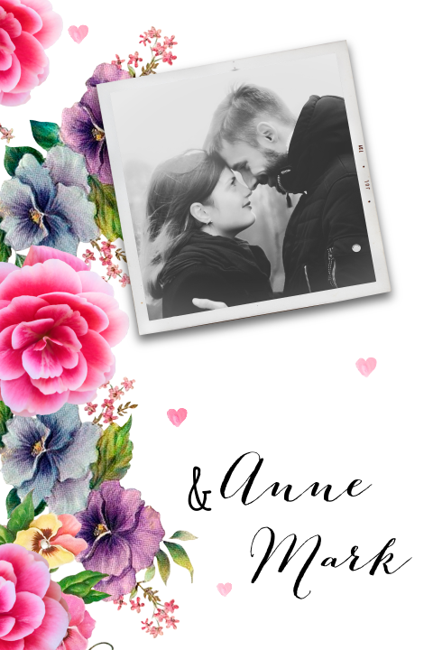 Vrolijke trouwkaart met bloemen en eigen foto