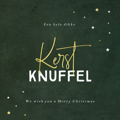 Goudfolie kerstkaart met kerstknuffel op donkergroen